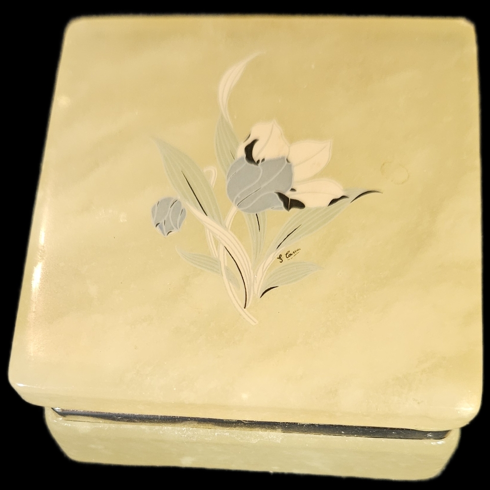 Vintage 1950s Floral Alabaster Trinket Jewelry Holder Box Hand Carved in Italy